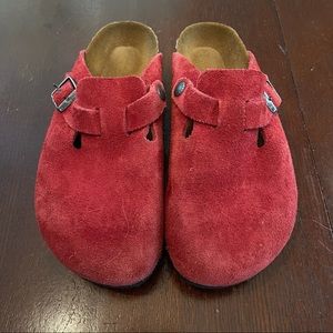 Birkenstock Boston clog. Size 36, (6 US). Red suede upper. Cork footbed.